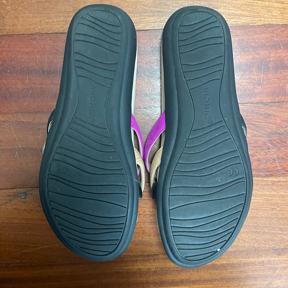 Vionic Dava Leather Sandals Size 7 Flats Strappy Summer Black Tan Purple - Picture 10 of 11